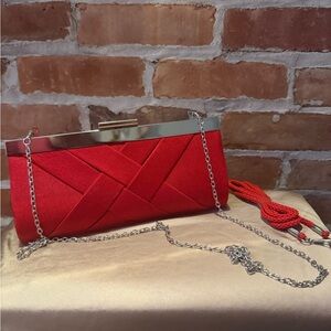La Regale Red Quilted Clutch with Silver Chain